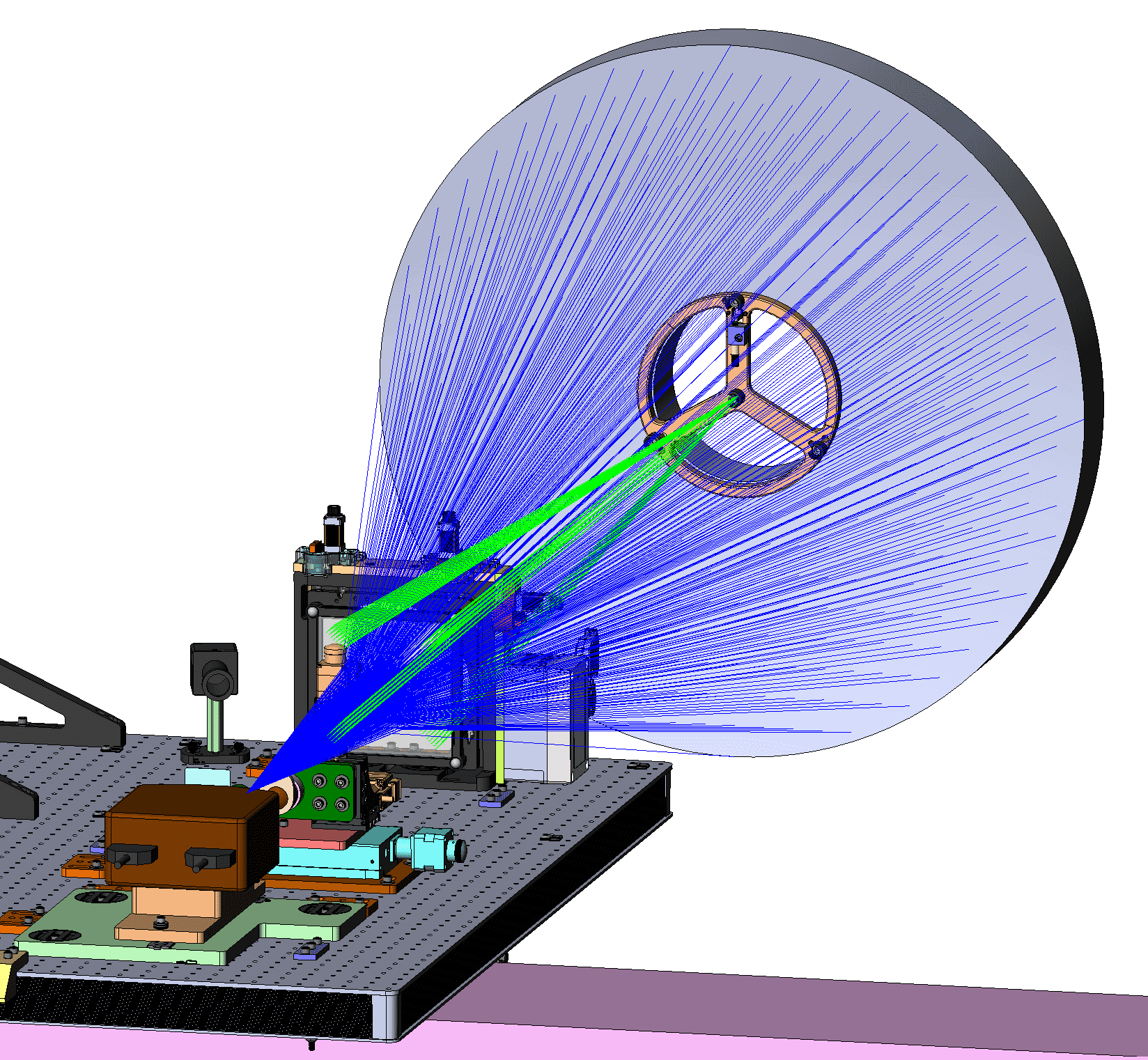 Optical test setup fixed onto a table for a custom optic