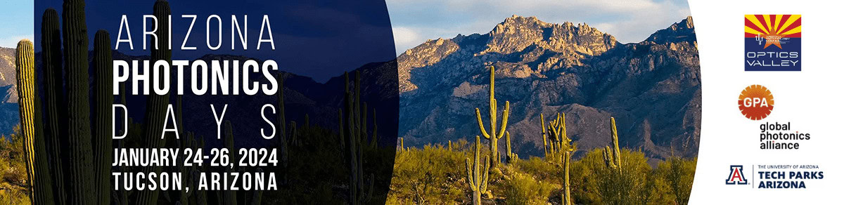 Text advertising Arizona Photonics Days is overlayed on an image of the Tucson mountains.